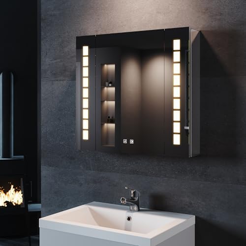 SONNI Spiegelschrank Bad 60 × 65cm beschlagfrei mit Steckdose Kabelloses Scharnier Design LED Spiegelschrank mit Touch Aluminium LED Spiegelschrank 3 einstellbare Lichtfarben von SONNI