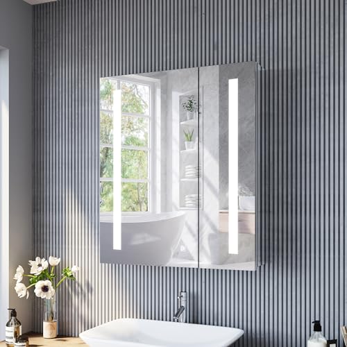 SONNI Spiegelschrank Bad mit Beleuchtung 60 cm breit Edelstahl Badezimmer-Spiegelschrank Spiegelschrank mit Beleuchtung und Steckdose Touchschalter Kabelloses Scharnier Design von SONNI