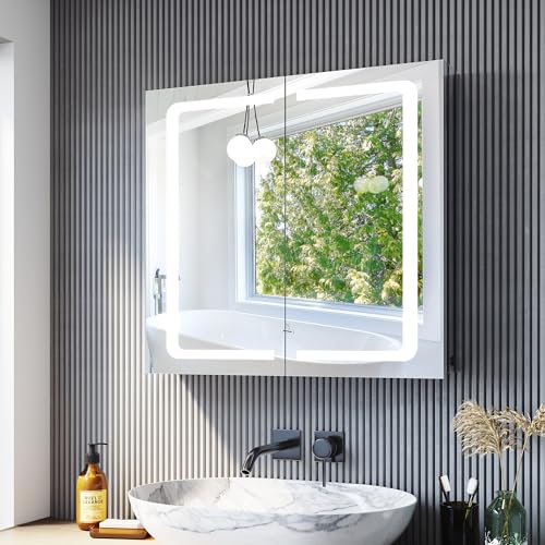 SONNI LED Spiegelschrank 70x65 cm Edelstahl Badezimmer, Bad mit Beleuchtung und Steckdose mit Kippschalter Kabelloses Scharnier Design von SONNI