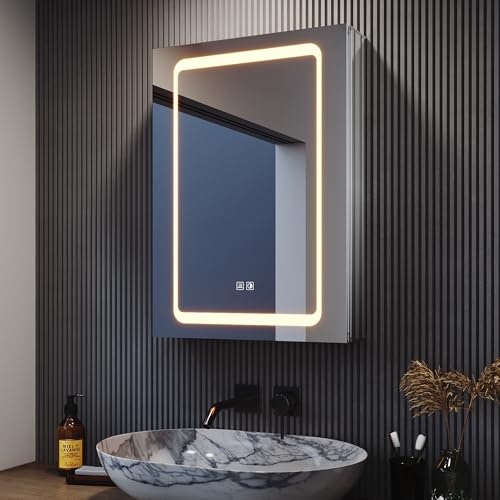 SONNI Spiegelschrank Bad Badezimmer Spiegelschrank mit Beleuchtung 50 × 70cm beschlagfrei Badezimmerschrank mit Spiegel mit Touch und Steckdose Spiegelschränke fürs Bad Aluminium von SONNI