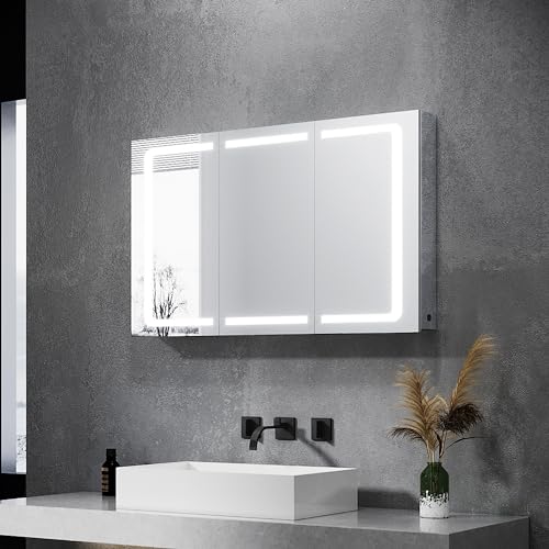 SONNI Spiegelschrank Bad mit Beleuchtung 105 x 65 cm IP44 Wasserciht Edelstahl LED doppeltürig Badezimmerschrank, mit Steckdose und Kippschalter für Badezimmer von SONNI