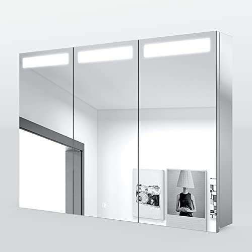 SONNI Spiegelschrank Bad mit Beleuchtung 3-türig LED Spiegelschrank 65 x 90 cm Badezimmer Spiegelschrank Edelstahl Badspiegelschrank mit Touch-Schalter von SONNI