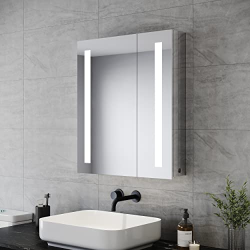 SONNI Spiegelschrank Bad mit Beleuchtung 60 cm breit Edelstahl LED doppeltürig Badezimmerschrank, mit Steckdose und Kippschalter, Scharnier Design, für Badezimmer IP44 Wasserciht von SONNI