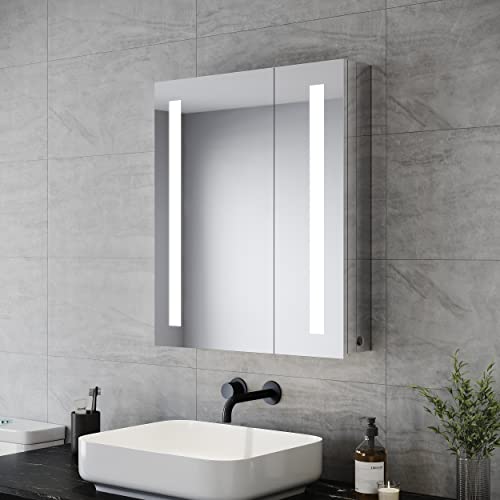SONNI Spiegelschrank Bad mit Beleuchtung 60 cm breit Edelstahl LED doppeltürig Badezimmerschrank, mit Steckdose und Kippschalter, Scharnier Design, für Badezimmer IP44 Wasserciht SONNI Spiegelschrank Bad mit Beleuchtung 60 cm breit Edelstahl LED doppeltürig Badezimmerschrank, mit Steckdose und Kippschalter, Scharnier Design, für Badezimmer IP44 Wasserciht von SONNI