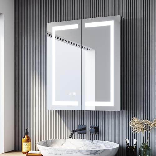 SONNI Spiegelschrank Bad mit Beleuchtung 60 cm breit beschlagfrei LED Spiegelschrank und Steckdose 2-türig Badezimmer-Spiegelschrank mit Touchschalter Kaltweiß/Neutralweiß/Warmweiß von SONNI