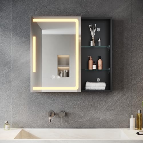 SONNI LED Badezimmer Spiegelschrank mit Einstellbar Ablage und Offener Speicherplatz, 65 * 60 cm Spiegelschrank Bad mit Beleuchtung und Steckdose, Dimmbar, Beschlagfrei, Medizinschrank von SONNI