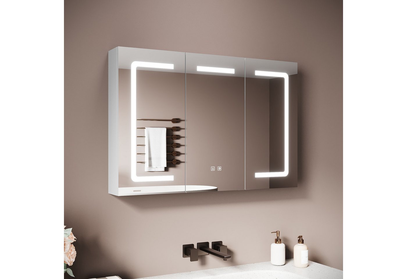 SONNI Spiegelschrank Badezimmerspiegelschrank, Spiegelschrank Badezimmer mit LED-Spiegel mit Beleuchtung, Anti-Beschlag & Steckdose, Licht in 3 Farbtemperaturen von SONNI