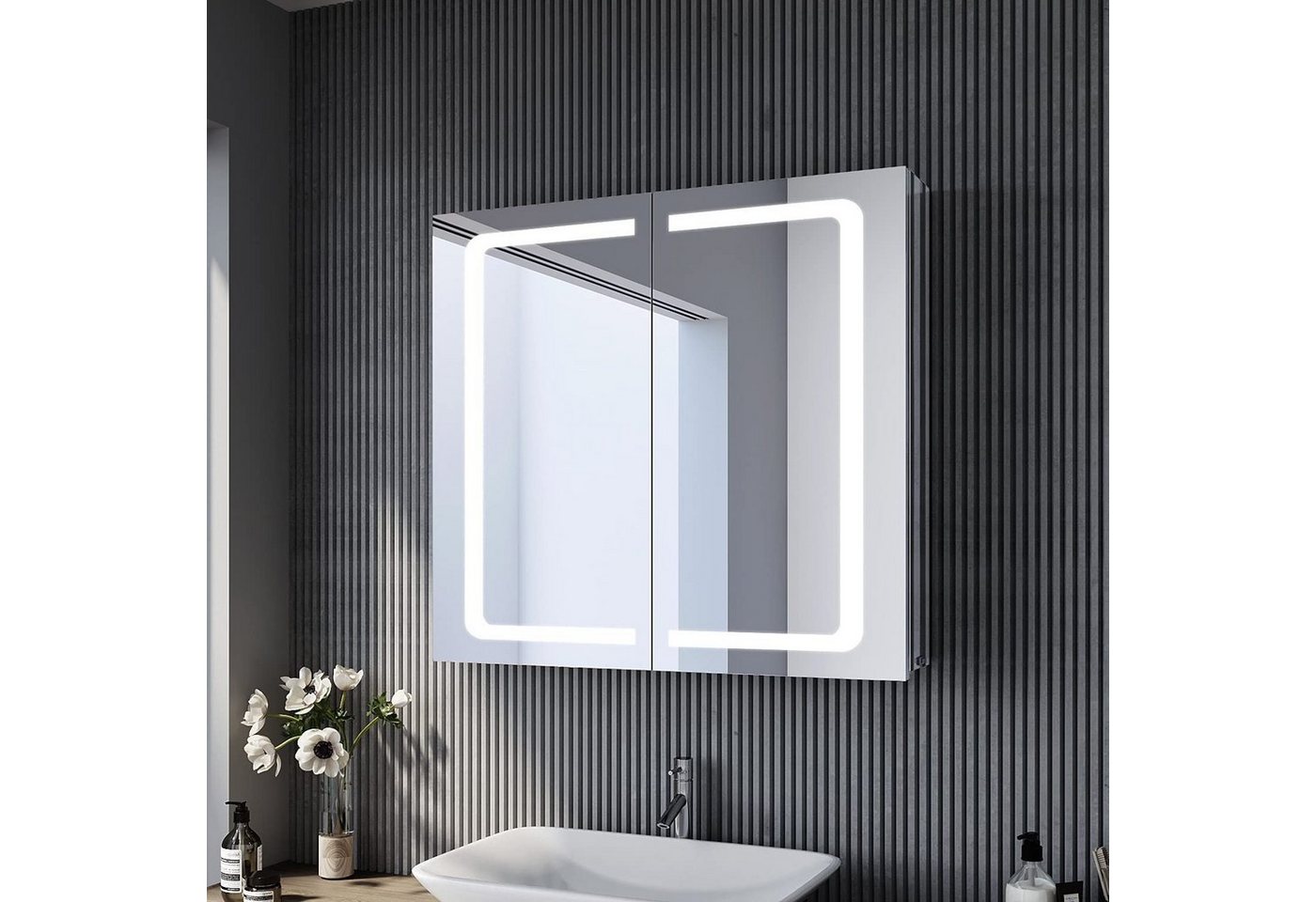 SONNI Spiegelschrank Spiegelschrank Badezimmer mit Beleuchtung 70x65cm Edelstahl mit Steckdose Kippschalter Kabelloses Scharnier Design von SONNI