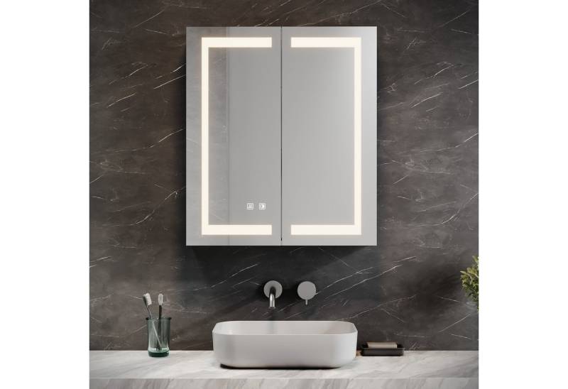 SONNI Spiegelschrank Spiegelschrank bad mit beleuchtung 60 x 70 cm 2-türig beschlagfrei mit Steckdose und Touchschalter Kalt/Warm/Neutral Licht, dimmbar von SONNI