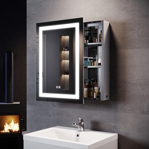 SONNI Spiegelschrank mit Beleuchtung 50 x 70 cm, Schiebetür beschlagfreier Badspiegelschrank mit Rasiersteckdose in 3 Schaltmodi Badspiegelschrank von SONNI
