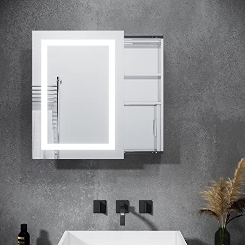 SONNI Spiegelschrank mit Beleuchtung 50 x 70 cm Beschlagfrei Silbrig Badspiegelschrank mit Rasierersteckdose und Schiebetür Badezimmer Rechteckig Spiegelschrank mit Kippschalter von SONNI