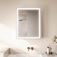 SONNI Spiegelschrank mit Beleuchtung 70x 55 cm, LED Spiegelschrank mit Taschentuch-Durchlass, Steckdose, Anti-Beschlag & 3 Lichtfarben, Dimmbar - Holzschrank Beige, Vollständig Montiert von SONNI