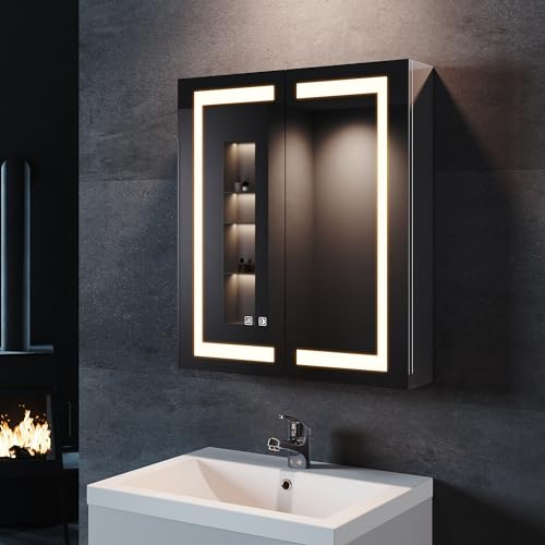 SONNI Spigelschrank mit Beleuchtung 60x70cm beschlagfrei Badspiegelschrank mit Rasiersteckdose und Touch-Schalter Edelstahl Badezimmer-Spiegelschrank von SONNI