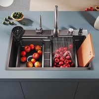 SONNI Spülbecken Einbauspüle Küchenspüle Waschbecken Küche Edelstahl 75/80 x 45 x 23 cm, Waterfall Spüle Küche Schwarz ohne/mit Temperaturanzeige und Abtropffläche SONNI Spülbecken Einbauspüle Küchenspüle Waschbecken Küche Edelstahl 75/80 x 45 x 23 cm, Waterfall Spüle Küche Schwarz ohne/mit Temperaturanzeige und Abtropffläche von SONNI