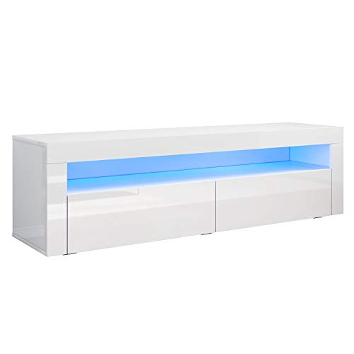 SONNI TV Board, Fernsehtisch, Lowboard, mit LED Beleuchtung, 12 Farben können eingestellt Werden, Weiß Hochglanz, TV Schrank, TV-Regal, Fernsehschrank, 155x40x45cm, GTV001W von SONNI