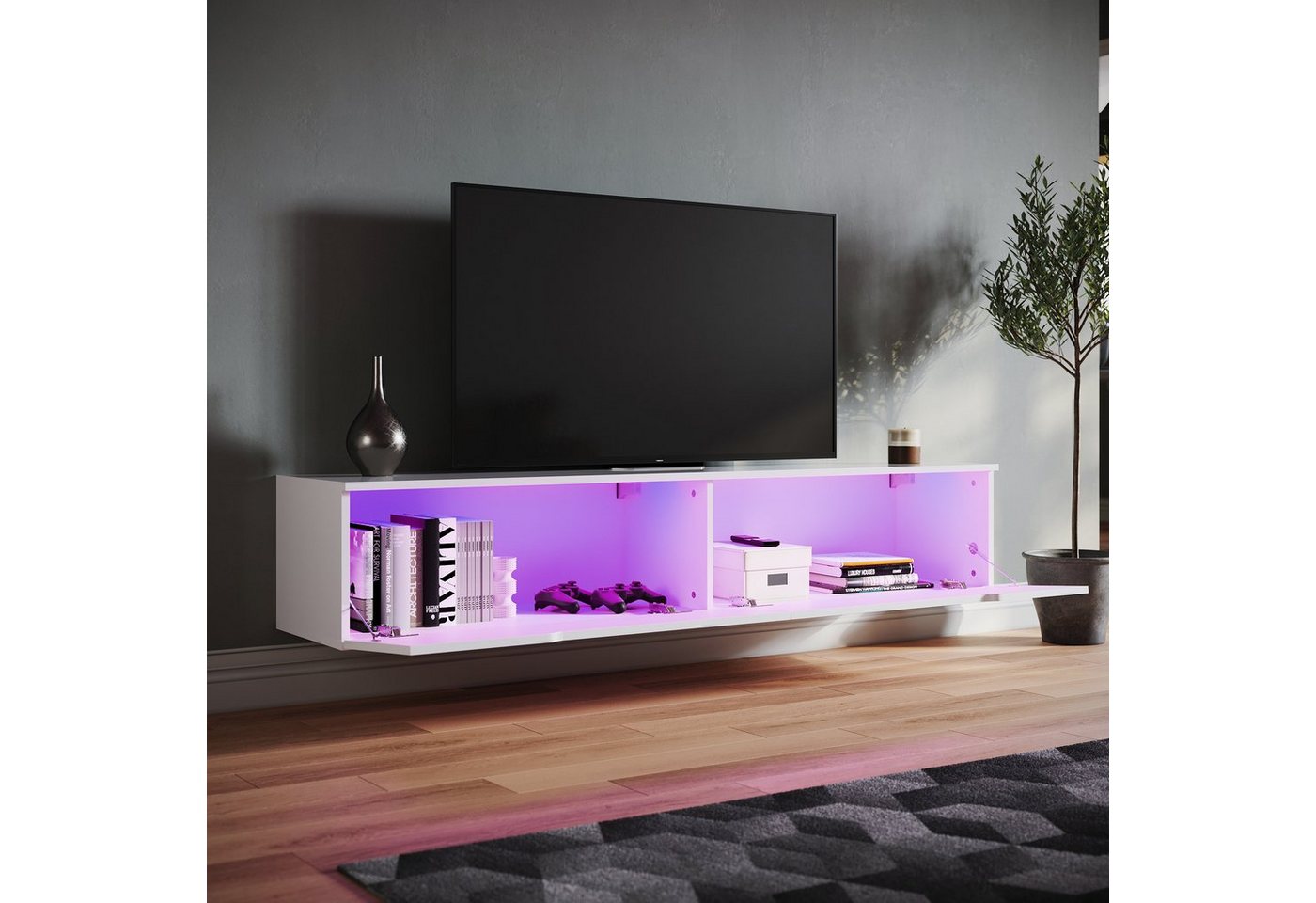 SONNI TV-Schrank Ein weißer, hängender TV-Schrank mit LED-Lichteffekten.160/180x35x30cm von SONNI