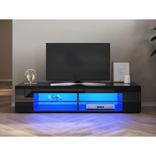 SONNI TV Schrank Lowboard mit LED-Beleuchtung(12 Farben können eingestellt Werden) Fernsehtisch Fernsehschrank Glasböden Schwarz 135x39x30cm von SONNI