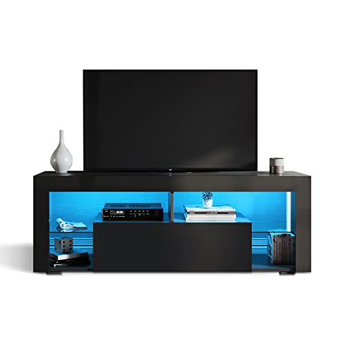 SONNI TV-Schrank Schwarz mit LED Beleuchtung Fernsehtisch Hochglanz Lowboard mit Glasregal Sideboard, TV-Regal für Fernseher bis zu 65 Zoll,140 x 35 x 50.5 cm von SONNI