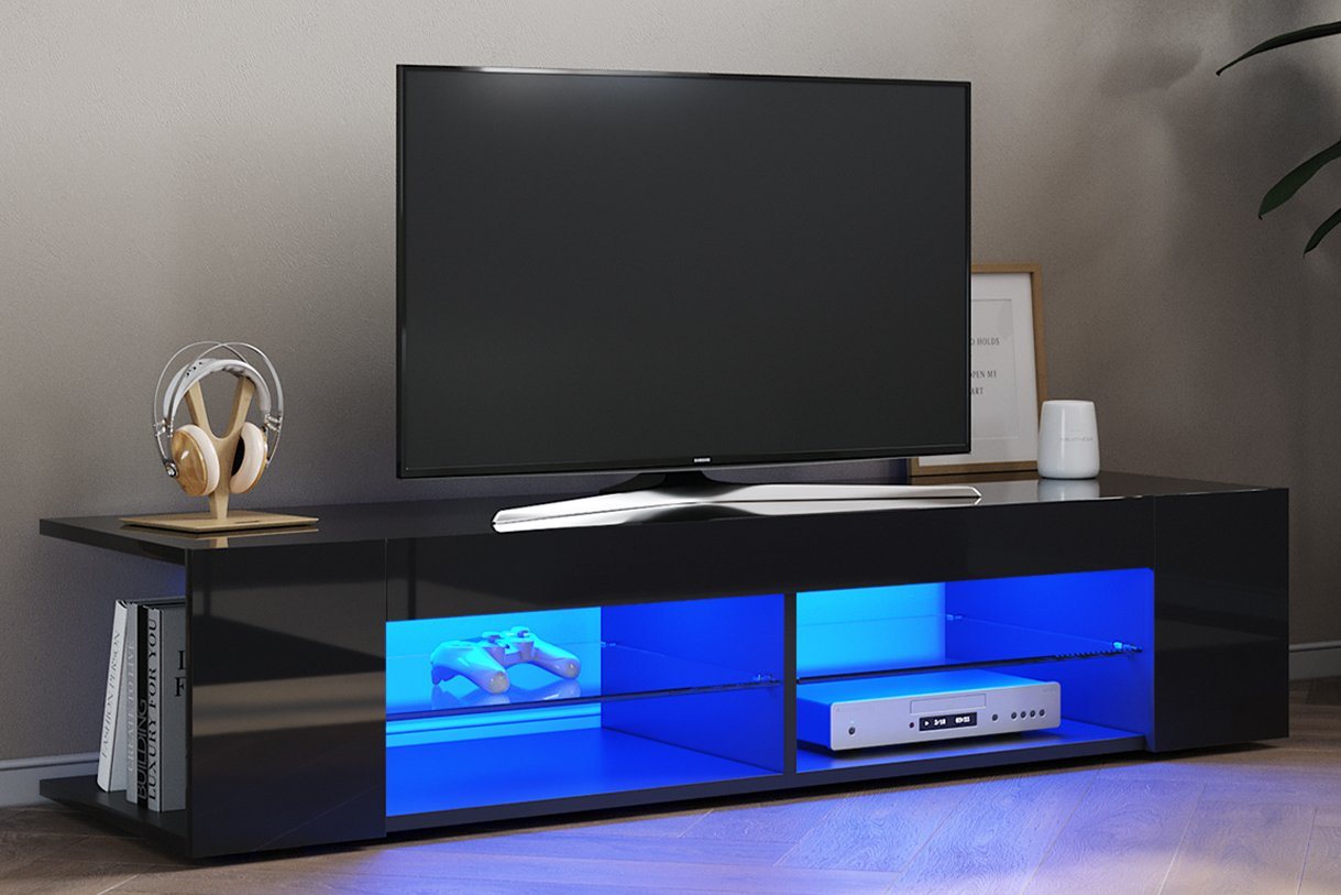 SONNI TV-Schrank TV Lowboard mit LED Beleuchtung Schwarz Hochglanz 135x39x30cm Glasböden, Unterschrank von SONNI