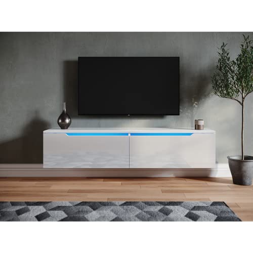 SONNI TV Schrank Weiß, TV Board Hochglanz, Fernsehtisch hängend, mit LED-Beleuchtung 12 Farben, Zwei Montagemöglichkeiten, wandhängend oder bodenstehend, TV-Regal, 140x35x30cm, GTV009W-4. von SONNI