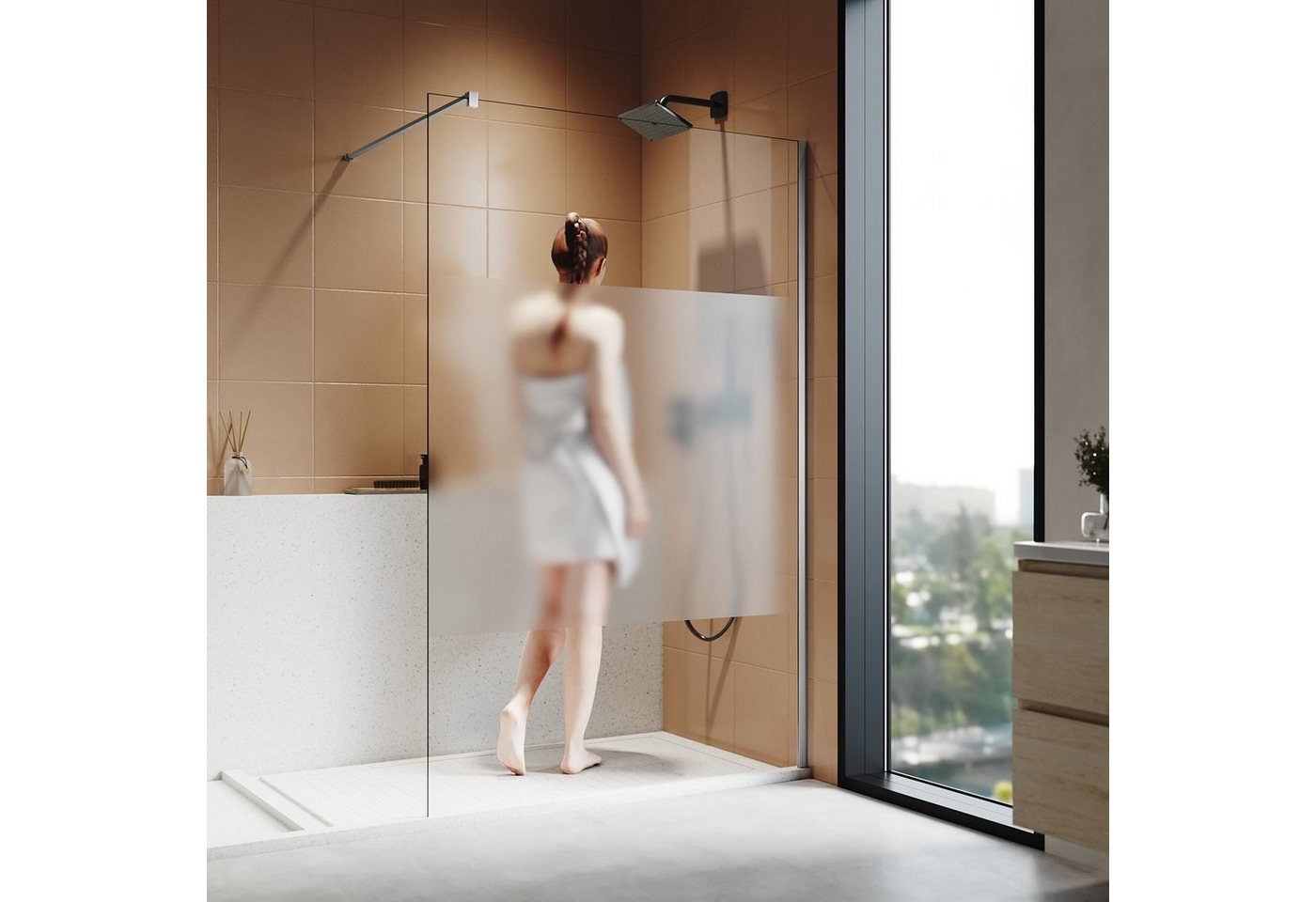 SONNI Walk-in-Dusche Walk in Duschwand Teilsatiniert Glas 80cm-120cm Glas Dusche Duschabtrennung Begehbare 8 mm NANO Glas höhe 200 cm mit Stabilisator, Teilsatiniert Glas von SONNI