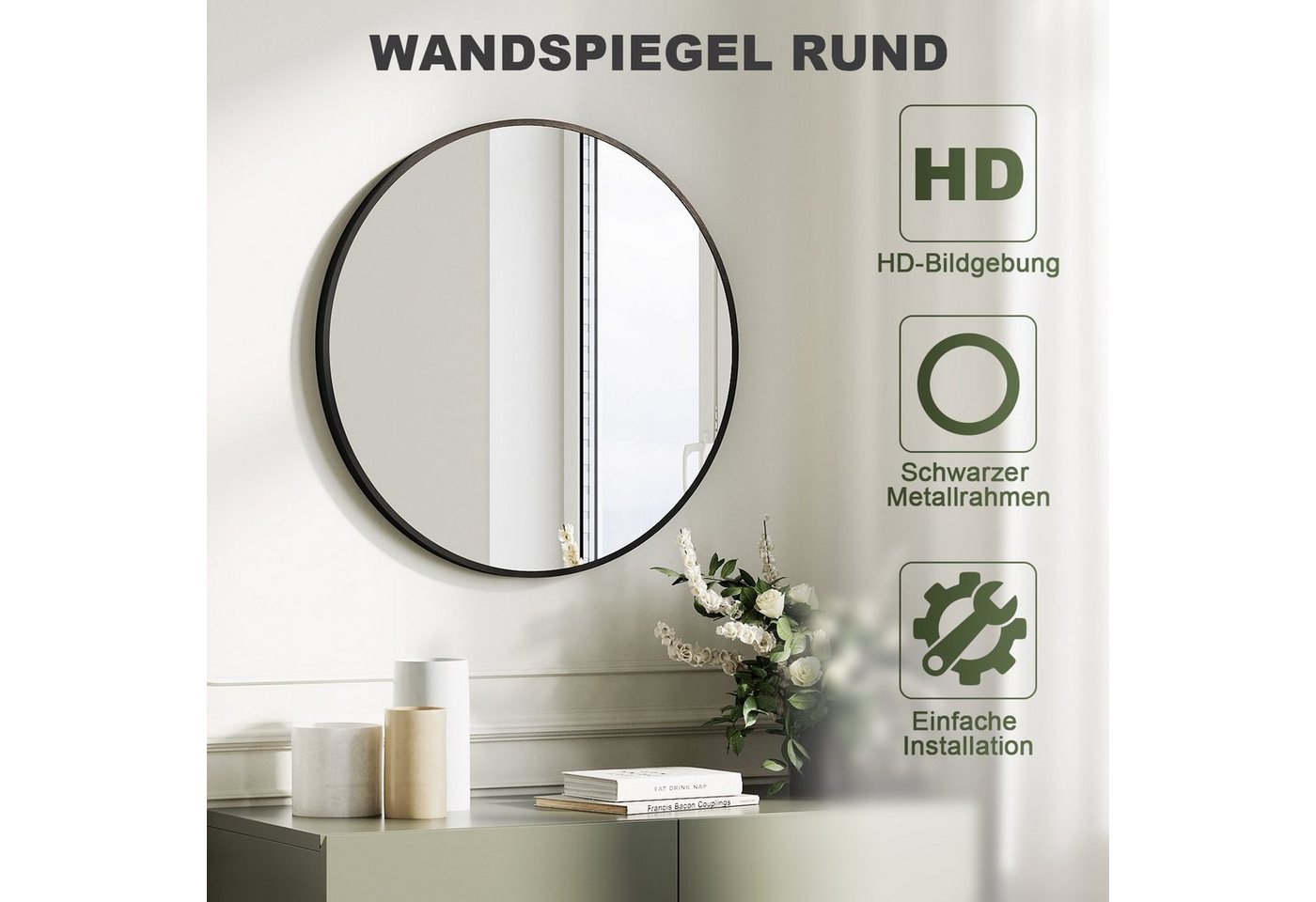 SONNI Wandspiegel Wandspiegel rund Schwarz,wand,groß 40/50/60cm mit Aluminiumrahmen, Schminkspiegel,Badspiegel,Hängespiegel,flurspiegel von SONNI