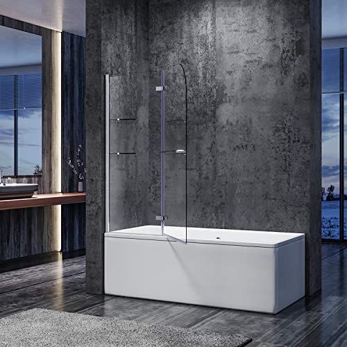 SONNI duschwand für badewanne 2 teilig Spritzschutz badewanne 120x140cm,mit Eckregal 6mm NANO-Klarglas Duschtrennwand badewannenaufsatz von SONNI