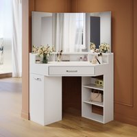 Moderner Eck-Frisiertisch mit Spiegel, 3 Offenen Fächern und 2 Schubladen, Silbernen Metallarmlehnen, Weiß, Passend Zu Allen Einrichtungsstilen von SONNI