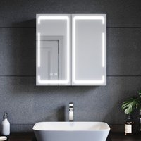 Spiegelschrank mit LED-Beleuchtung, 59 x 60 x14cm Doppeltür Badezimmer Spiegel Wandschrank, mit Sockel drei Farben Beleuchtung, Scharnier leitfähige von SONNI