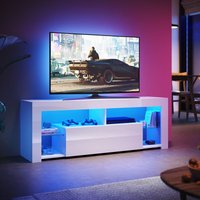 Tv Schrank mit LED-Lichtern, Offenes Glasregal und Griffloses Design herunterklappbarem Türfach, Stand tv Board Hochglanz, Weiß, 1400 x 350 x 505 mm von SONNI