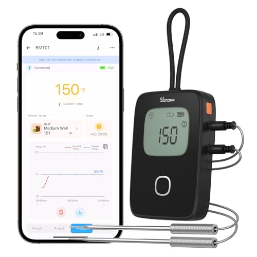 SONOFF BMT01 Fleischthermometer, Bratenthermometer Digital Mit 2 Sonden, Timer und Voreingestelltem Alarm, Smart LCD Thermometer Kochen for Grill, Smoker, Ofen, BBQ von SONOFF