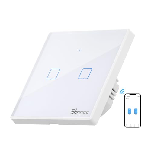 SONOFF T2EU2C-TX Wlan Wand Touch Lichtschalter, RF Wireless WiFi Wandsteuerung, 2 Kanal Schalter für Smart Home-Automatisierungslösungen (1-Wege Ultraweiß) von SONOFF