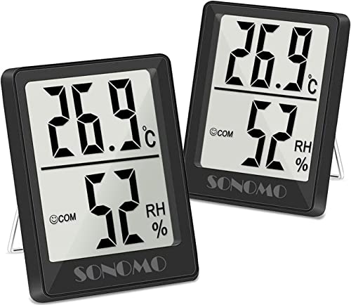 SONOMO Thermo-Hygrometer,2 Stück Digital Hygrometer Innen, Thermometer Innen Feuchtigkeit Hohen Genauigkeit,Für vertikale oder Wandmontage Luftfeuchtigkeitsmessgerät,Für Innenraum-(schwarz) von SONOMO