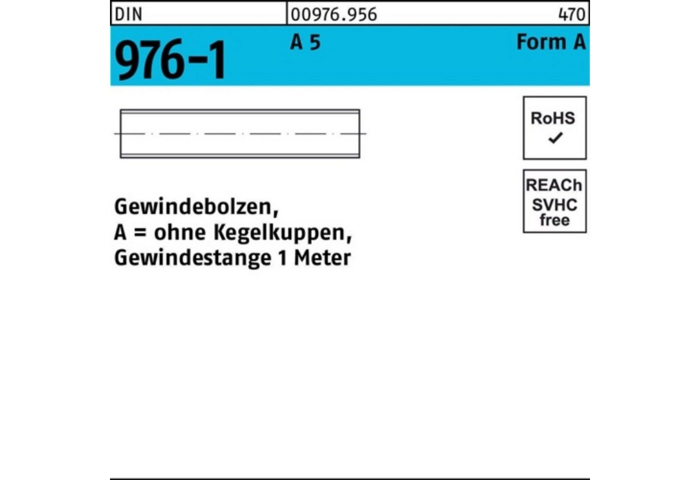 Reyher Gewindebolzen 100er Pack Gewindebolzen DIN 976 o.Kegelkuppen AM 6x 1000 A 5 1 Stück von Reyher