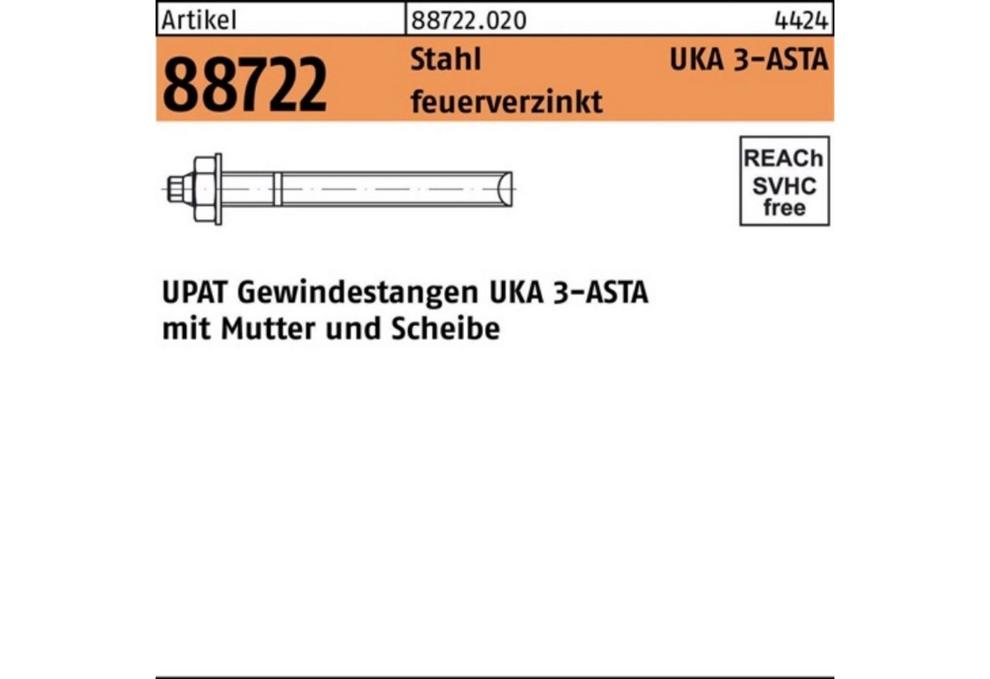 Upat Gewindestange 100er Pack Ankerstange R 88722 ASTA M10x130 Stahl feuerverz. 10 Stück von Upat