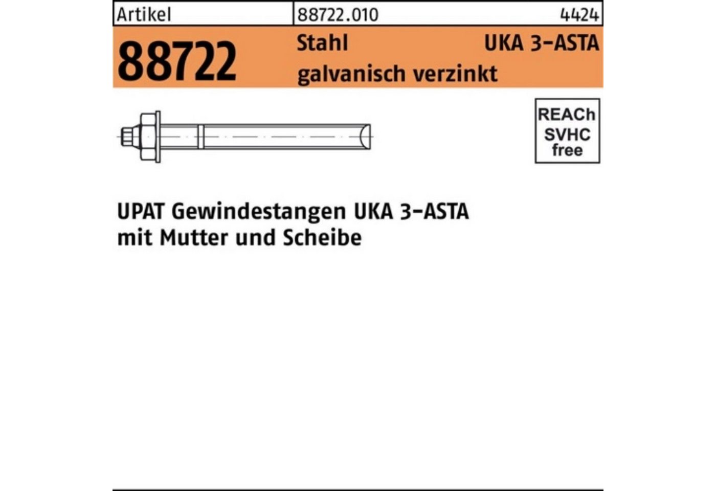 Upat Gewindestange 100er Pack Ankerstange R 88722 ASTA M12x250 Stahl galv.verz. 10 Stück von Upat