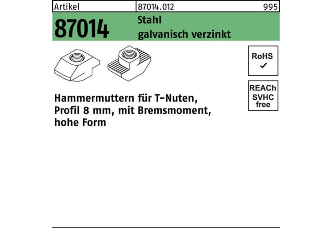 Reyher Hammer 1000er Pack Hammerkopfmutter R 87014 Bremsmoment hoch 8mm M5 Stahl gal von Reyher