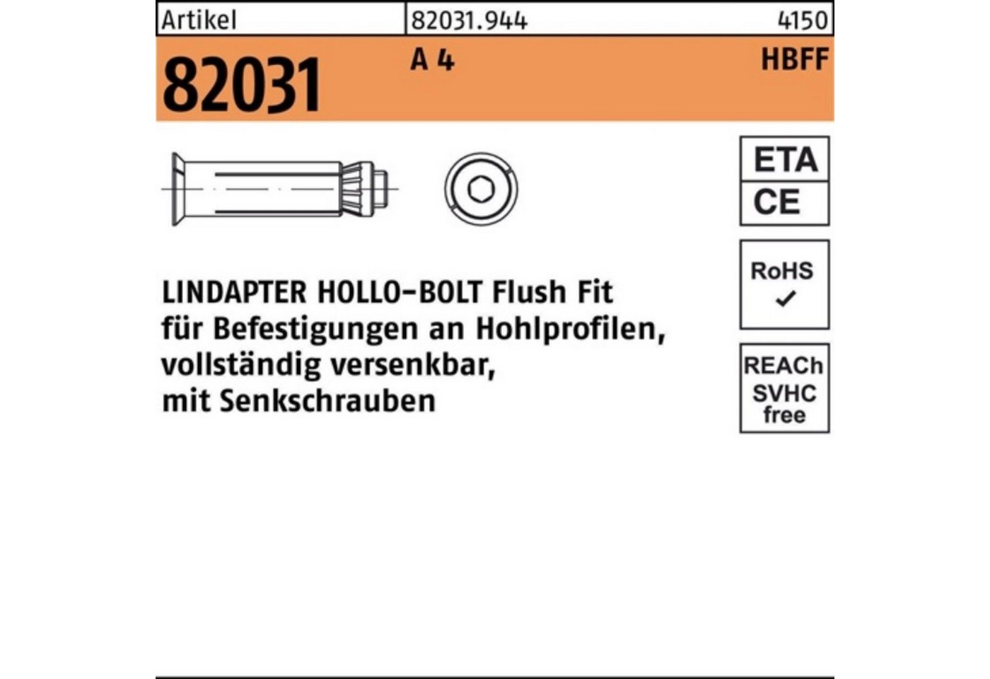 Lindapter Hohlraumdübel 100er Pack Hohlraumdübel R 82031 HBFF 08-1 (50/27) A 4 1 Stück Arti von Lindapter