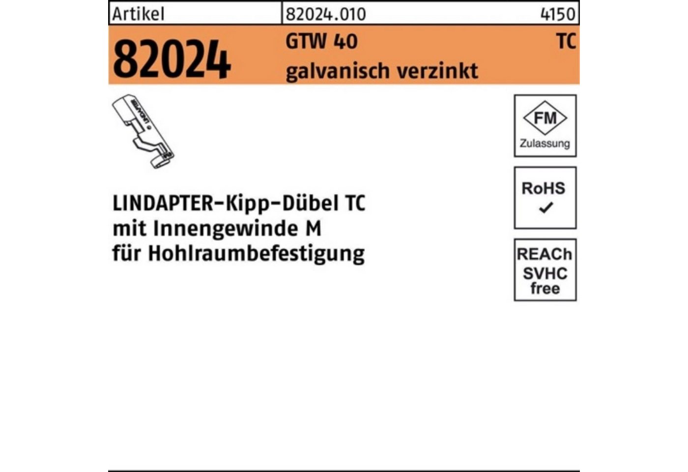 Lindapter Kippdübel 100er Pack Kippdübel R 82024 GTW 40 TC TC 8 galv.verz. 1 Stück LINDA von Lindapter