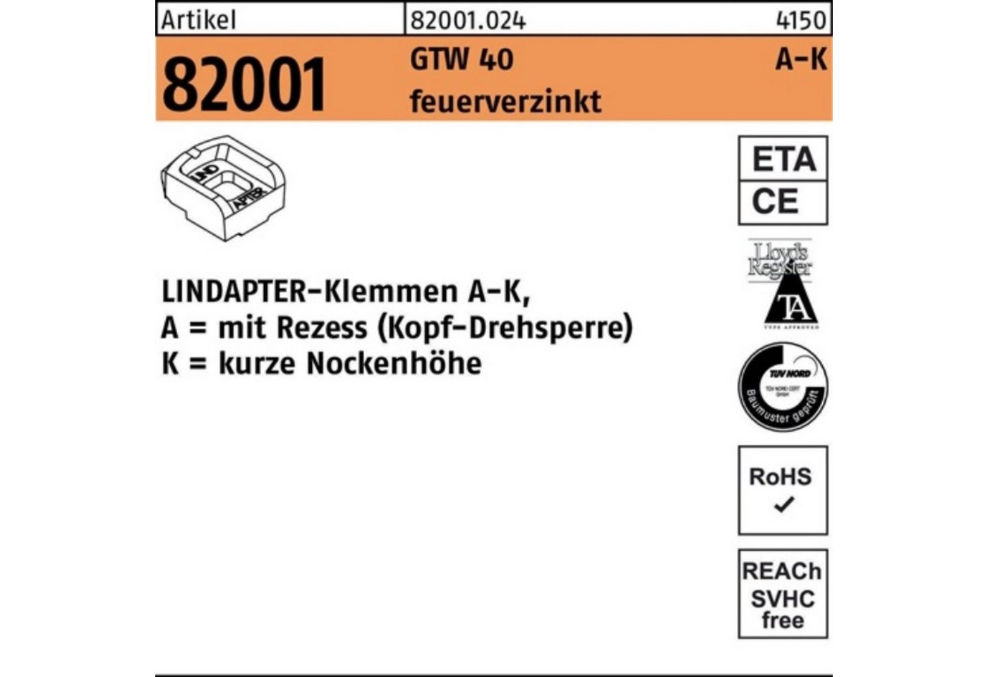 Lindapter Klemmen 100er Pack Klemmen R 82001 GTW 40 KM 10/4,0 feuerverz. 1 Stück LINDAP von Lindapter