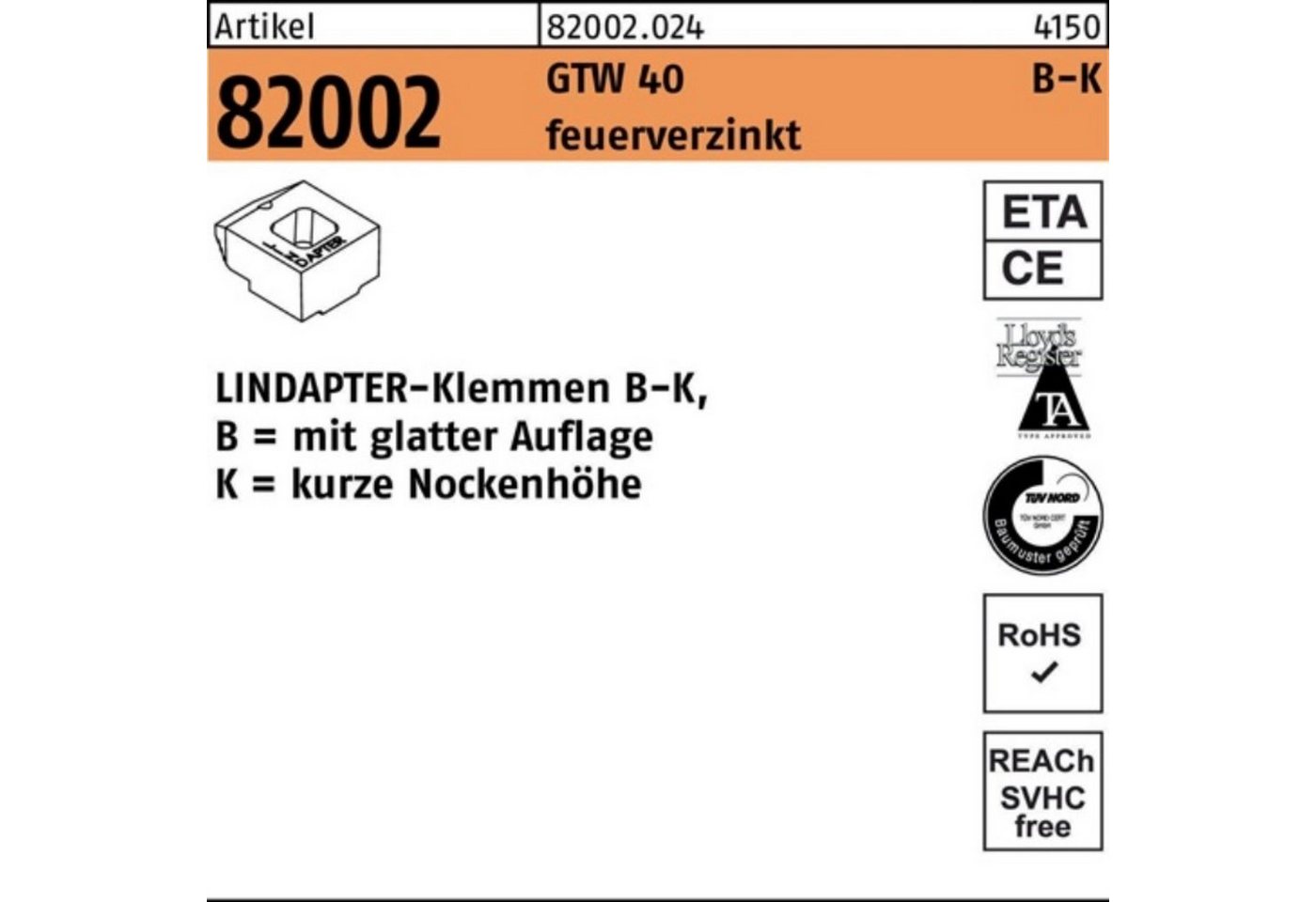 Lindapter Klemmen 100er Pack Klemmen R 82002 GTW 40 KM 20/7,0 feuerverz. 1 Stück LINDAP von Lindapter