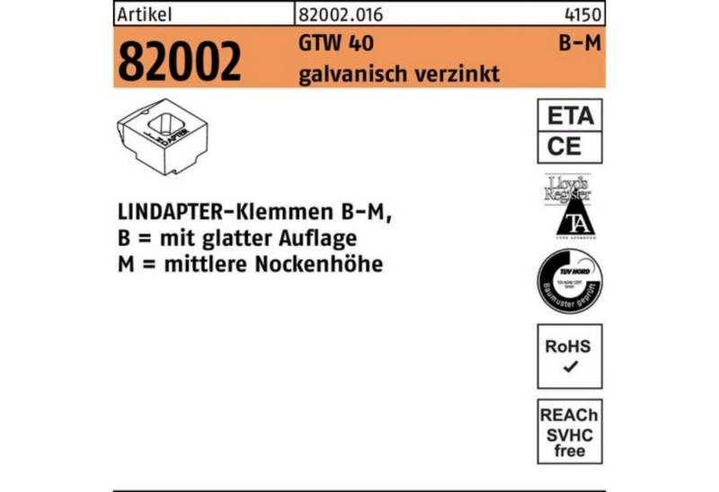 Lindapter Klemmen 100er Pack Klemmen R 82002 GTW 40 MM 20/10,0 galv.verz. 1 Stück LINDA von Lindapter