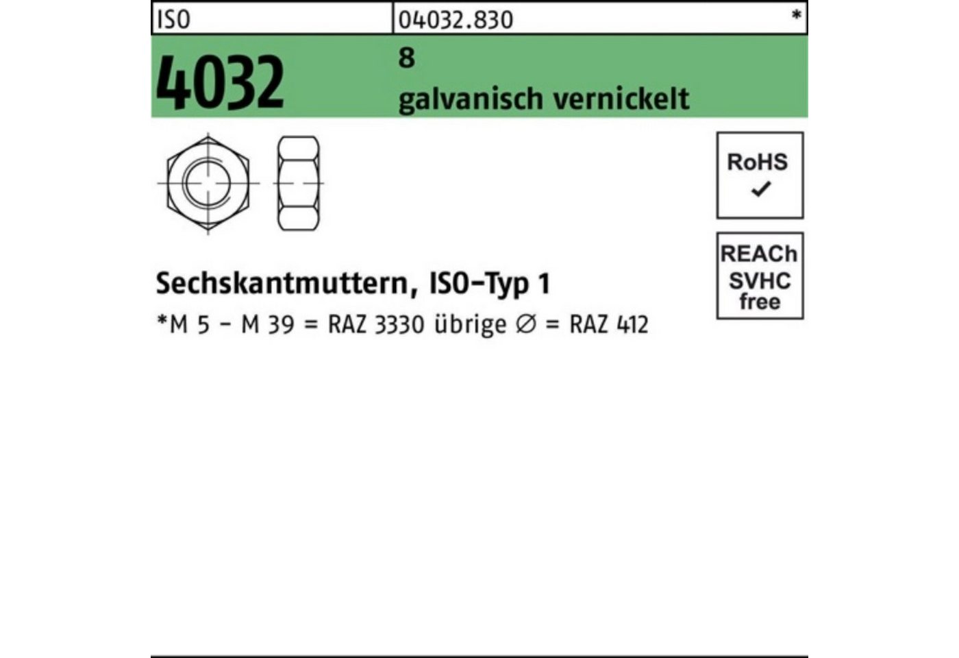 Bufab Muttern 1000er Pack Sechskantmutter ISO 4032 M4 8 galv. vernickelt 1000 Stück von Bufab