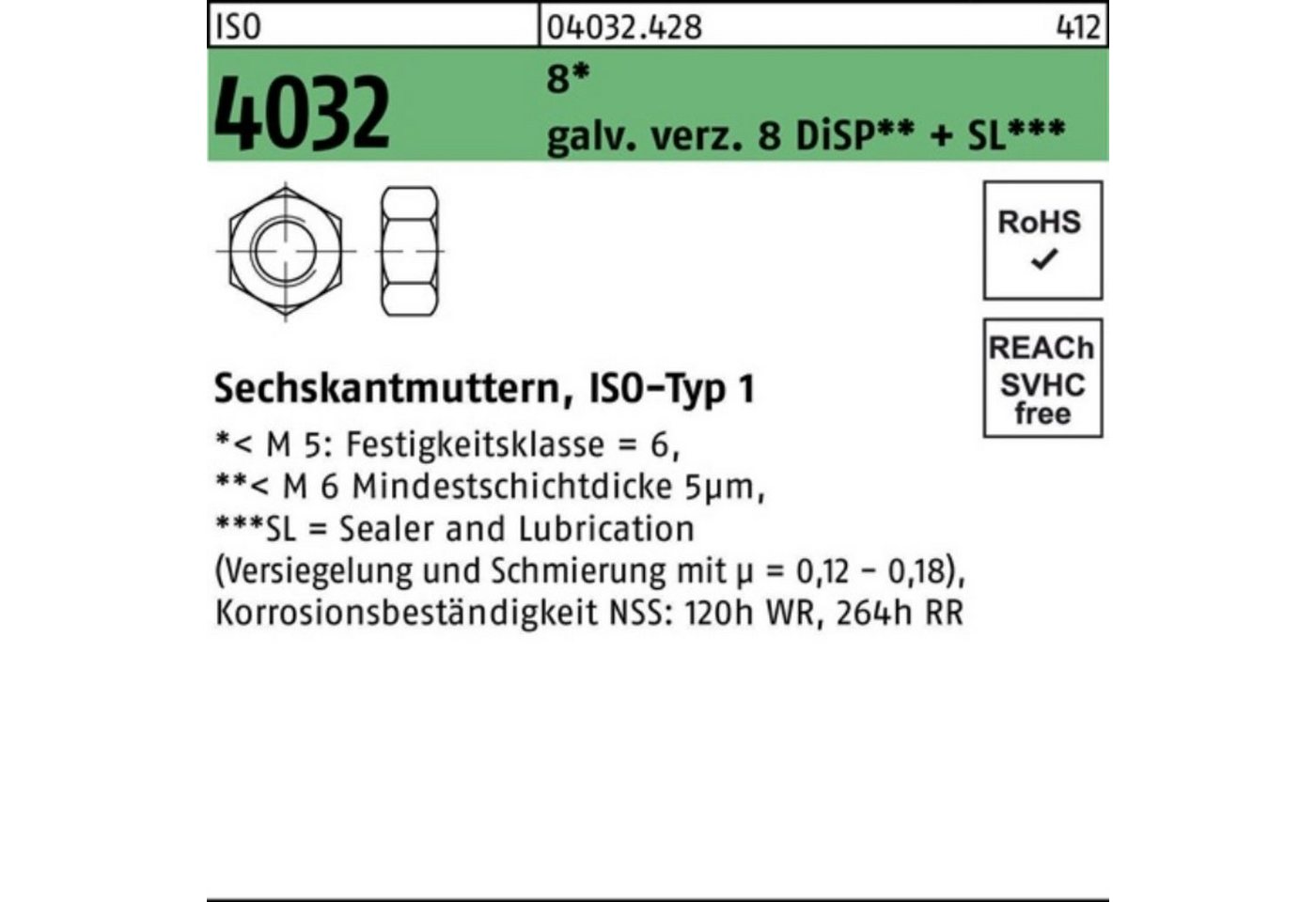 Bufab Muttern 1000er Pack Sechskantmutter ISO 4032 M5 8 galv.verz. 8 DiSP + SL 1000 von Bufab