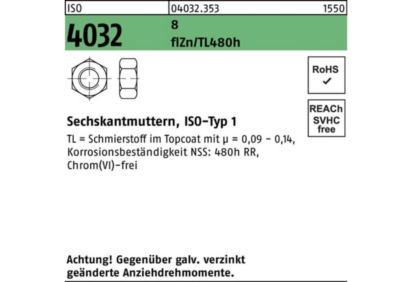 Bufab Muttern 1000er Pack Sechskantmutter ISO 4032 M6 8 zinklamellenbes. Gleitm. flZ von Bufab