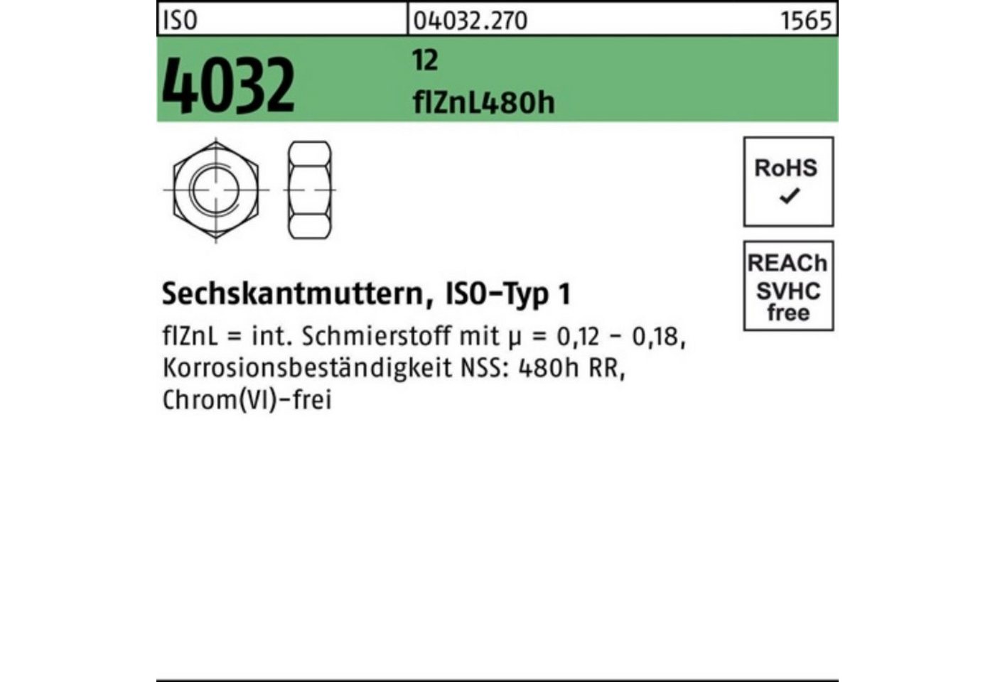 Bufab Muttern 100er Pack Sechskantmutter ISO 4032 M10 12 flZnL 480h zinklamellenb. 1 von Bufab