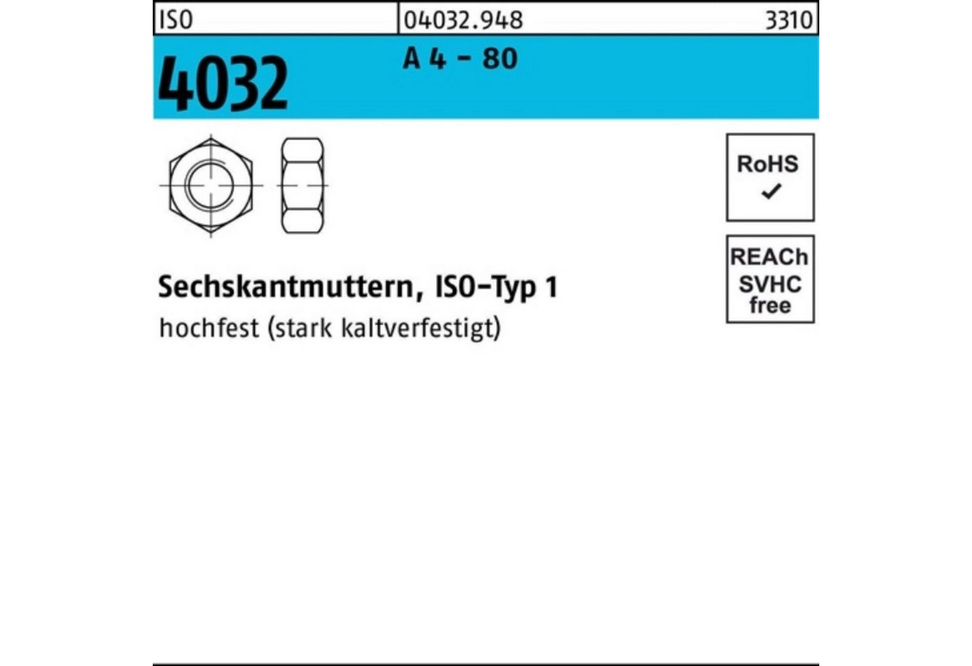 Bufab Muttern 100er Pack Sechskantmutter ISO 4032 M14 A 4 - 80 100 Stück ISO 4032 A von Bufab