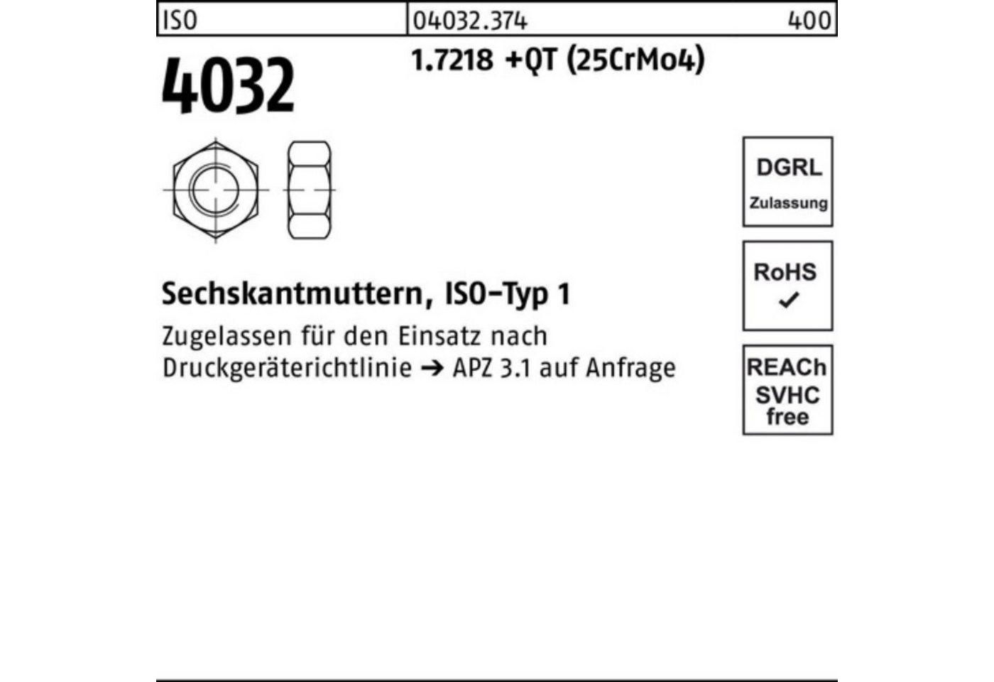 Bufab Muttern 100er Pack Sechskantmutter ISO 4032 M20 1.7218 +QT (25CrMo4) 50 Stück von Bufab