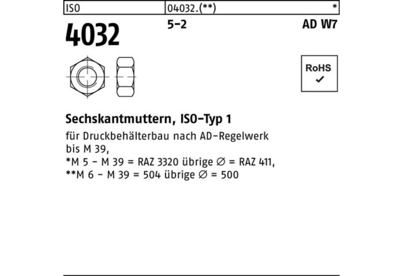 Bufab Muttern 100er Pack Sechskantmutter ISO 4032 M22 5-2 AD W7 50 Stück ISO 4032 5 von Bufab