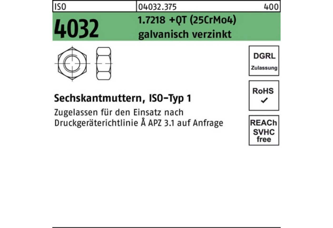 Bufab Muttern 100er Pack Sechskantmutter ISO 4032 M24 1.7218 +QT (25CrMo4) galv.verz von Bufab